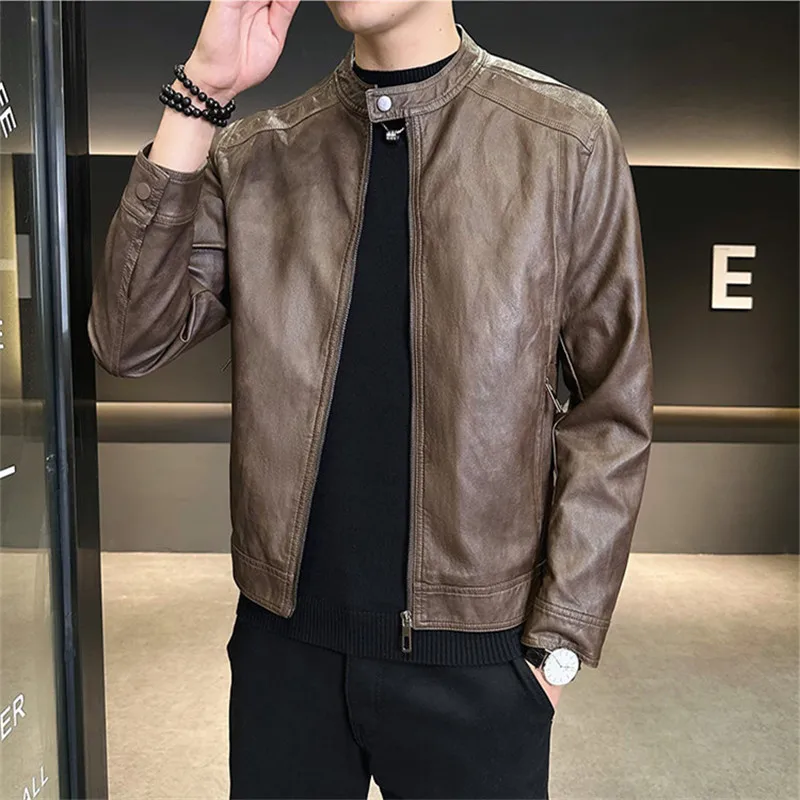 Leather Jacket Coat Men Spring Autumn O-Neck Slim Fit Casual Leather Jackets Male Fashion Moto Biker Solid PU Outwear Coats Man