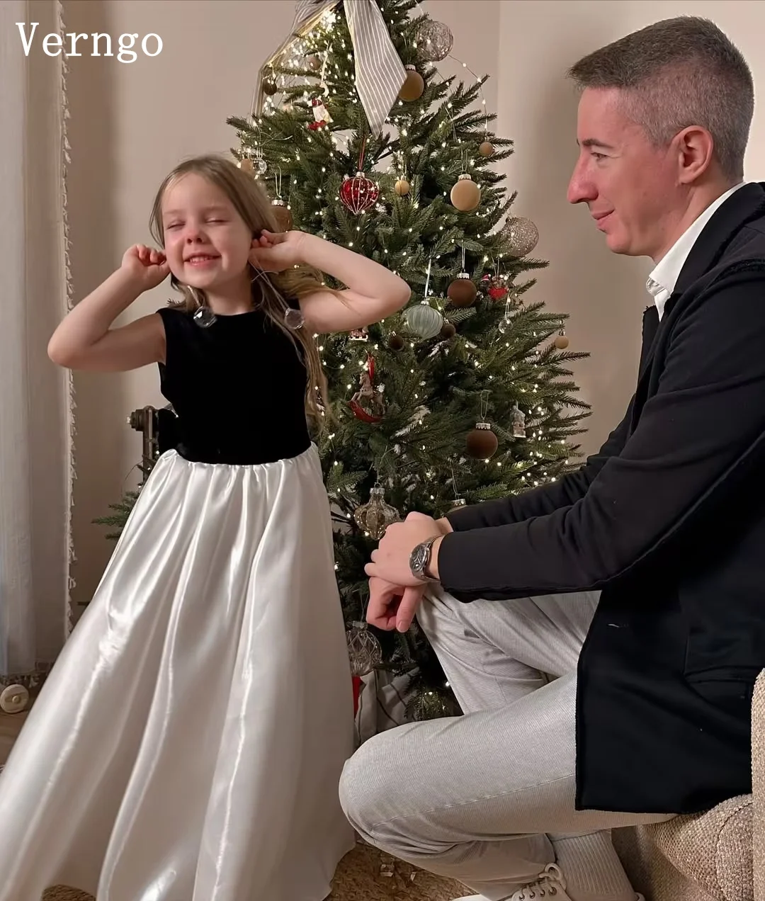 فستان Verngo lvory من الساتان للفتيات على شكل زهور برقبة دائرية على شكل حرف A فستان حفلات أعياد الميلاد بفيونكة الأميرة سويب تراين فساتين حفلات للأطفال مخصصة #4