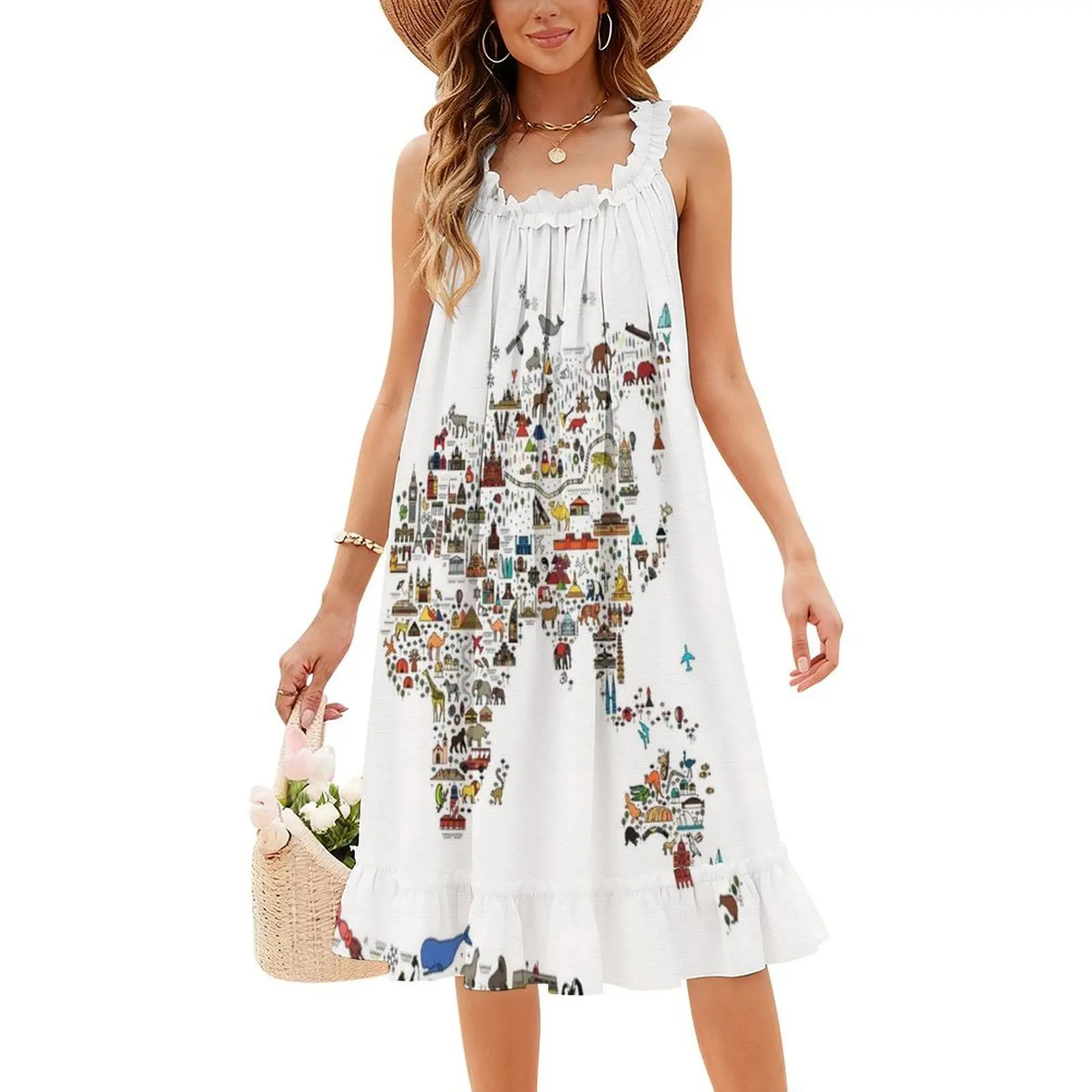 خريطة أيقونات خط السفر العالمي. ملصق سفر مع فستان بوهيمي عتيق بأكمام منتفخة أو خيارات بلا أكمام لفستان النساء #4