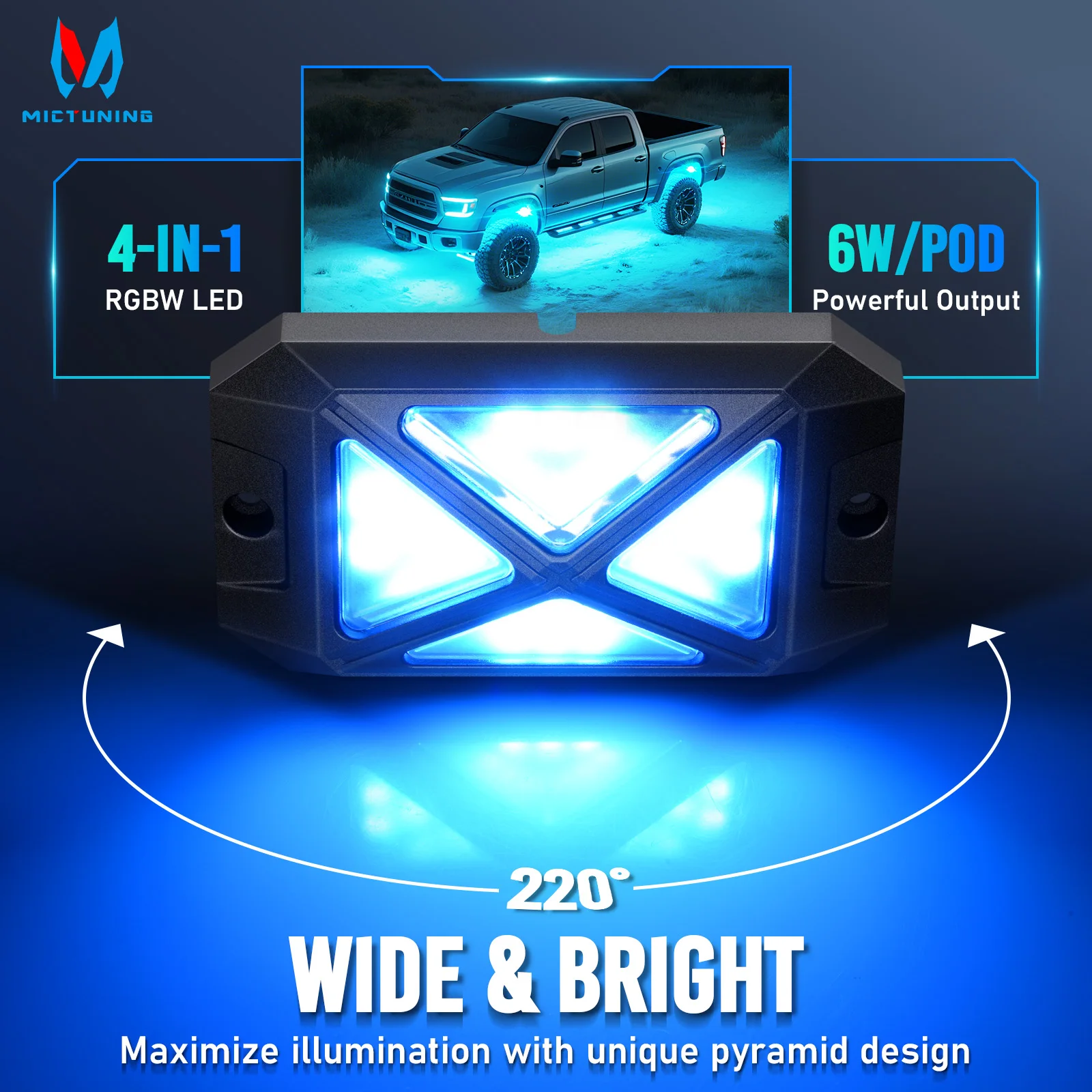 

MICTUNING 16 стручков C4 RGBW светодиодные рок-фонари, 4-сторонний дизайн, комплект неонового акцентного освещения с подсветкой, водонепроницаемое управление приложением для бездорожья