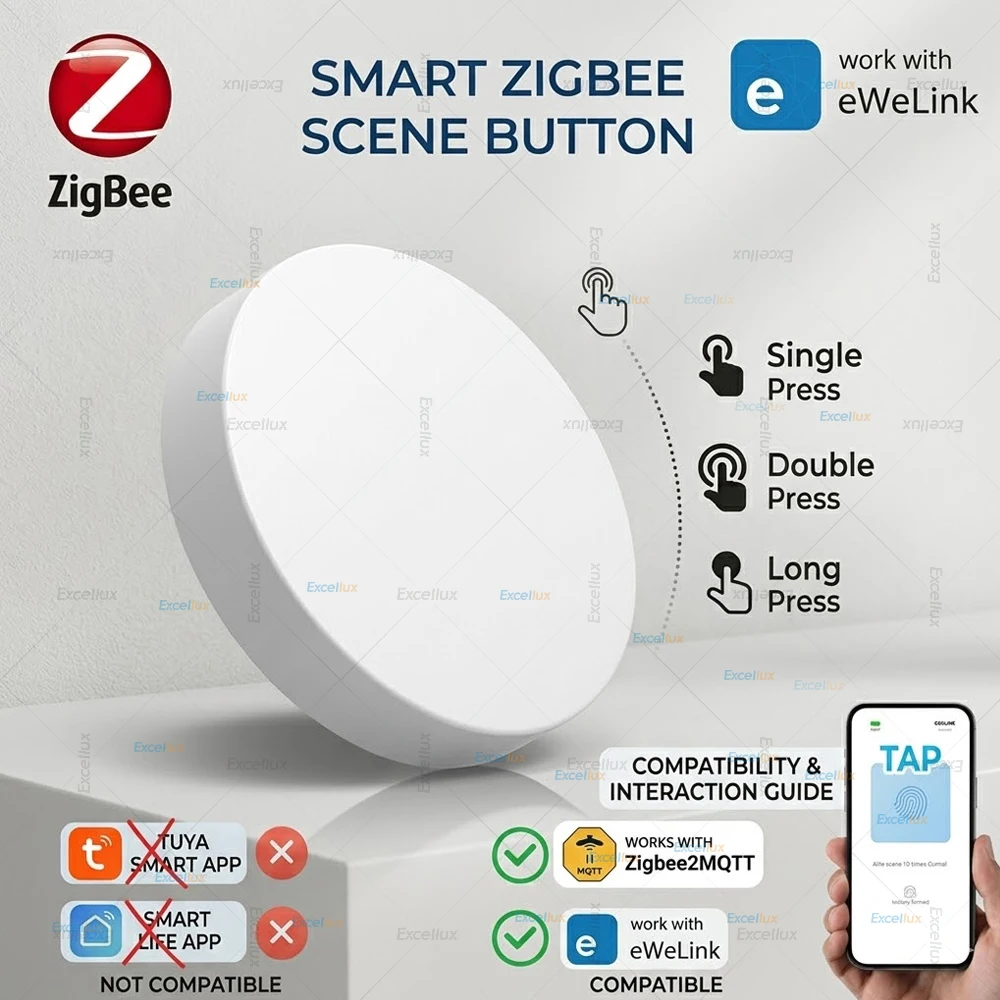 Smarter Zigbee-Szenenschalter, kabelloser Druckknopf, Ewelink APP-Fernbedienung, unterstützt Home Assistant, Zigbee2MQTT, Gateway erforderlich