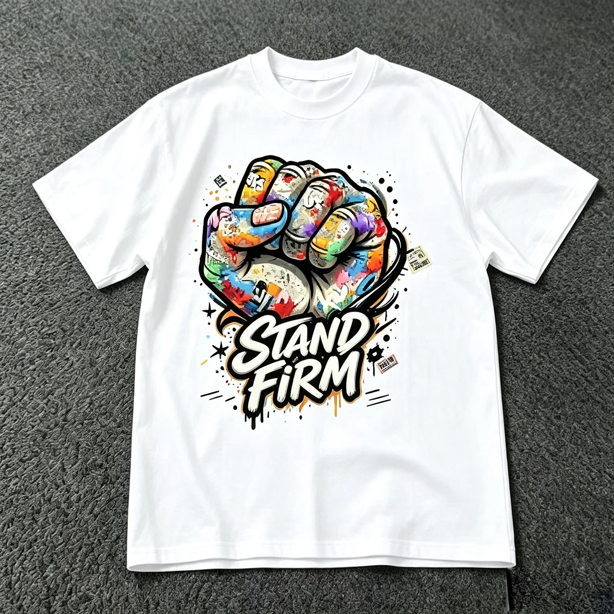 Stand Firm T‑Shirt Colorful Graffiti Raised Fist Street Art Urban Empowerment Slogan Graphic Hip Hop Streetwear Unisex Cotton Short Sleeve Tops for Men Women