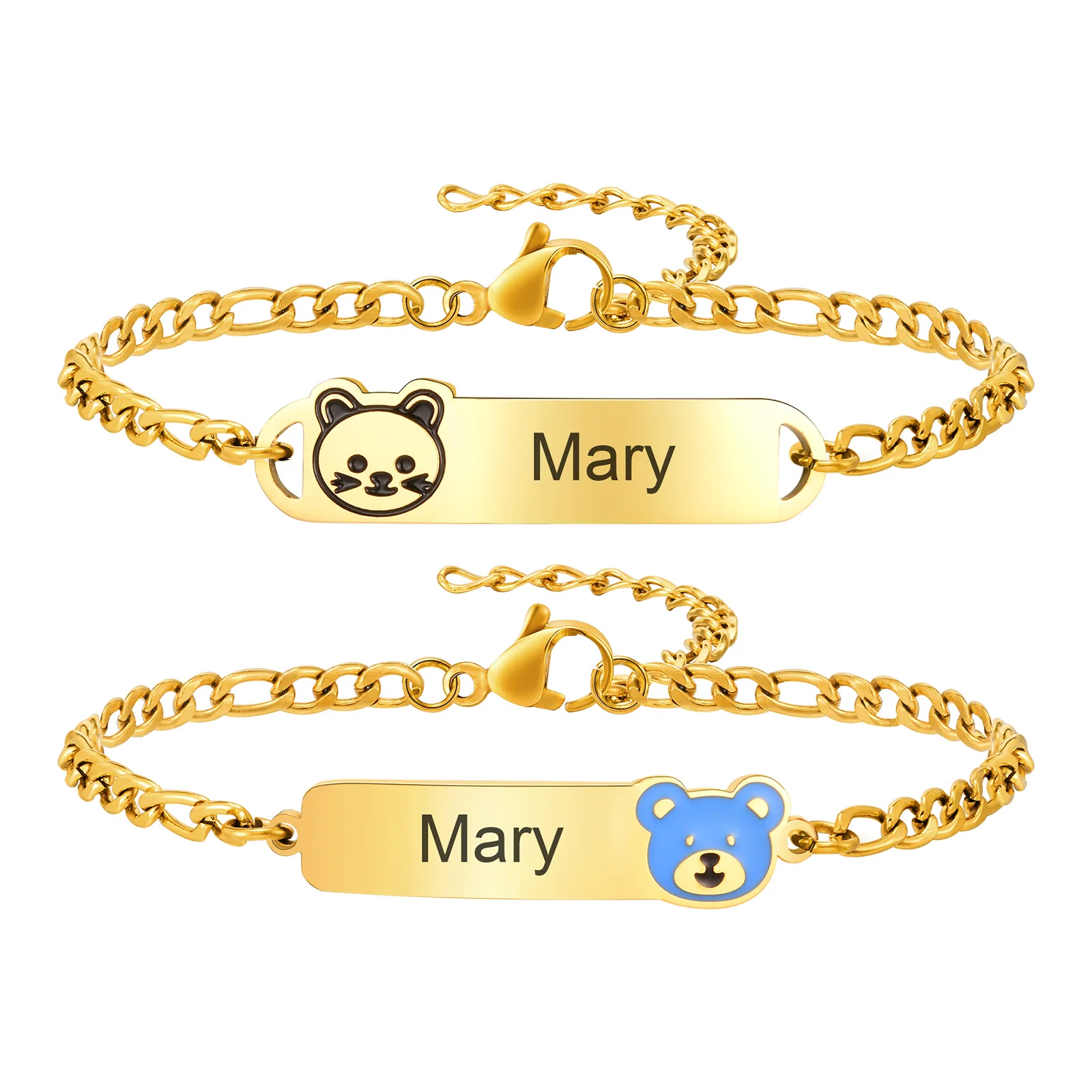 Stainless Steel Personalized Custom Name Date Pattern Bracelets for Little Girls Boys NK Chain Bear Cat head Bracelet Gifts