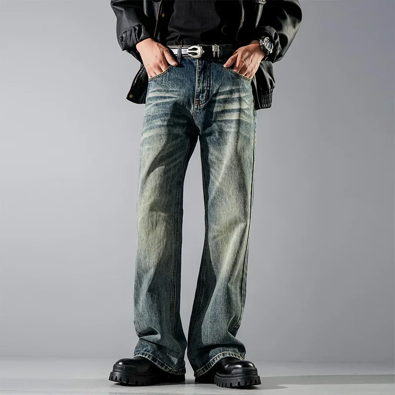 

LIBIELIY Four Seasons New Fashion Men's Washed Retro Blue Casual Trendy Loose Wide Leg Jeans Pants Straight Denim Trousers Stre