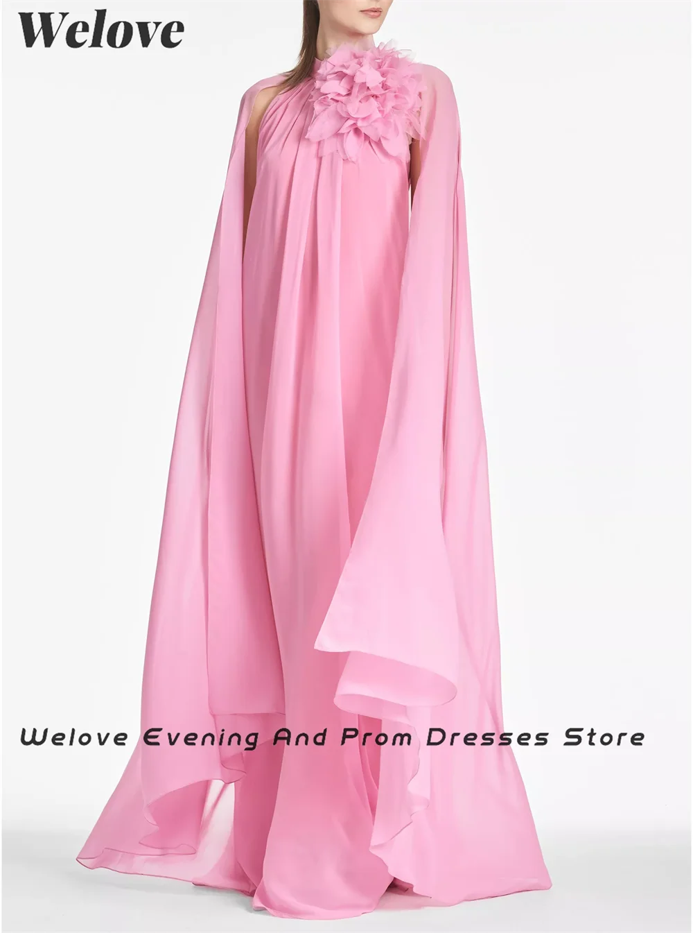 Welove Light Pink A-line Floor Length Pleated Women Evening Dress with Cape Shawl Flowers Prom Gown New 2024