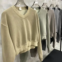 Basic Washed Fleece V-neck Sweatshirt Women Autumn Winter Streetwear Casual Loose Pullover Female Vintage Plus Size XL Outwear