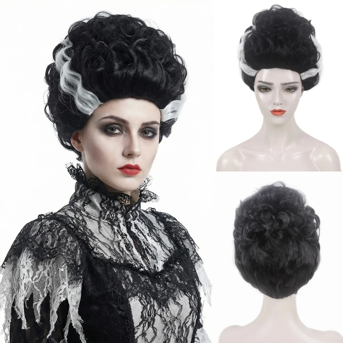 

Парик REEWES Deluxe Bride Of Frankenstein, синтетические волосы, черные кудрявые, с настоящей шапочкой-пучком, для косплея, костюмов, Хэллоуина, вечеринок