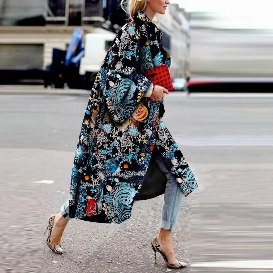 

Женский темпераментный плащ с длинными рукавами-колокольчиками и принтом в стиле бохо, элегантный плащ с лацканами, повседневная свободная одежда