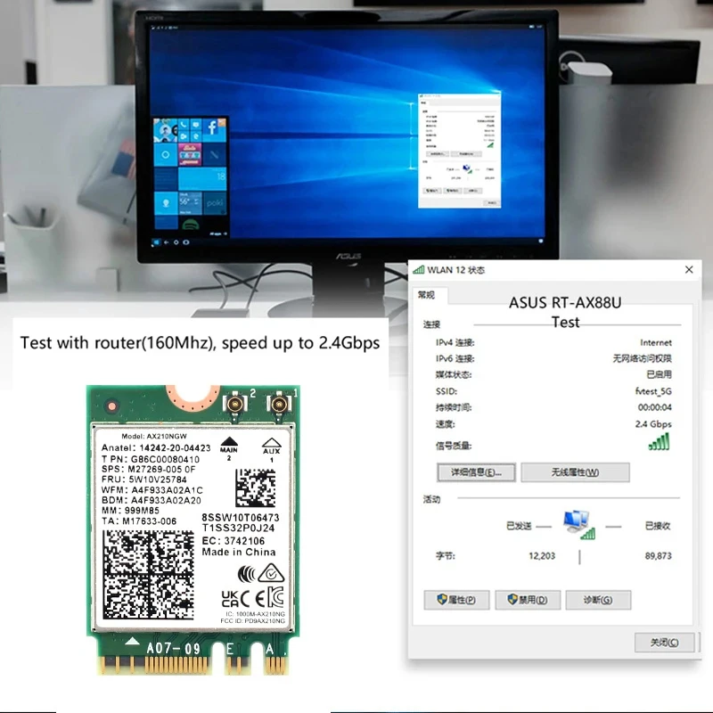 Placa sem fio Tri Band para Win 10, 5374Mbps, WiFi 6E, AX210, M.2, Bluetooth 5.3, 802.11AC, AX210NGW, 10dbi Antenas