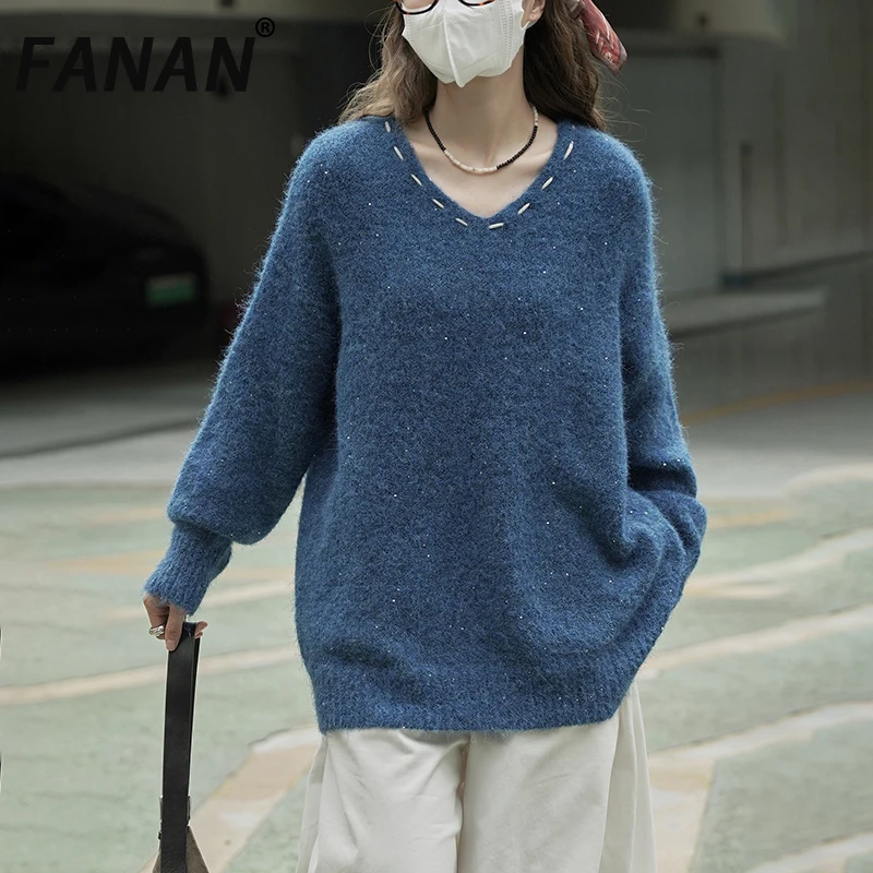 

FANAN Winter New Knitting Pullover Sweater For Women V Neck Long Sleeve Casual Loose Thick Warm Tops Korean Style Clothing