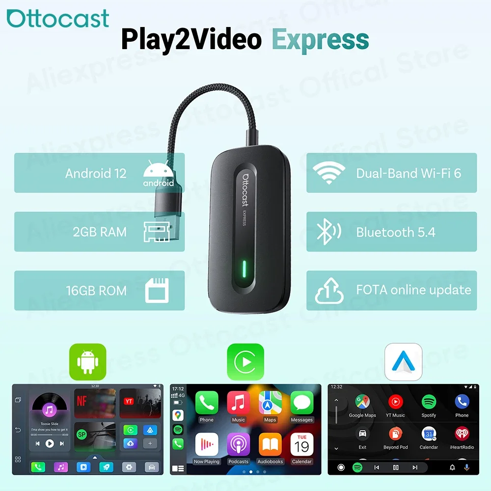 OTTOCAST Play2Video Express Wireless CarPlay Wireless Android Auto Adapter for Youtube Netflix Video Playback Car Accessories