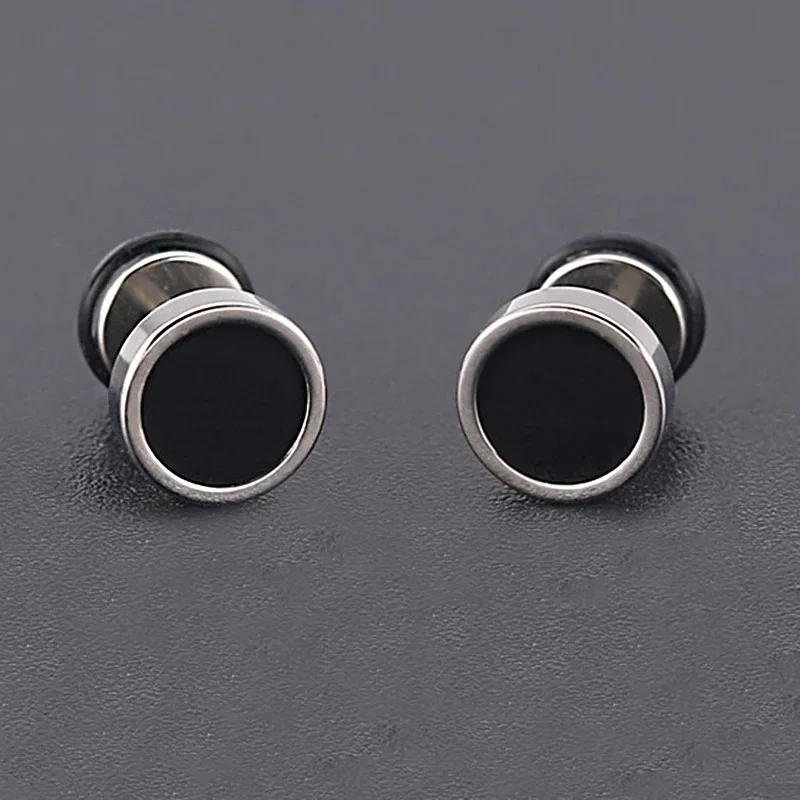 2pcs 16G Titanium Steel Men's Earings, Round Black Oil Drip Stud Earrings For Men Fashion Stainless Steel Punk Jewelry Gift image 3