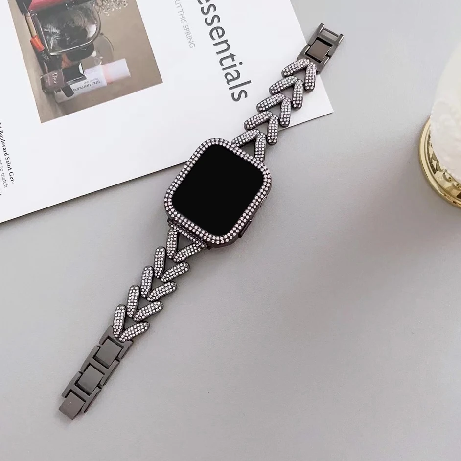 Pulseira de metal com diamante completo para Apple Watch Ultra 9 8 7 49mm 45mm 44mm, pulseira Deluxe Glitter iWatch Series 6 5 4 SE 42mm40mm