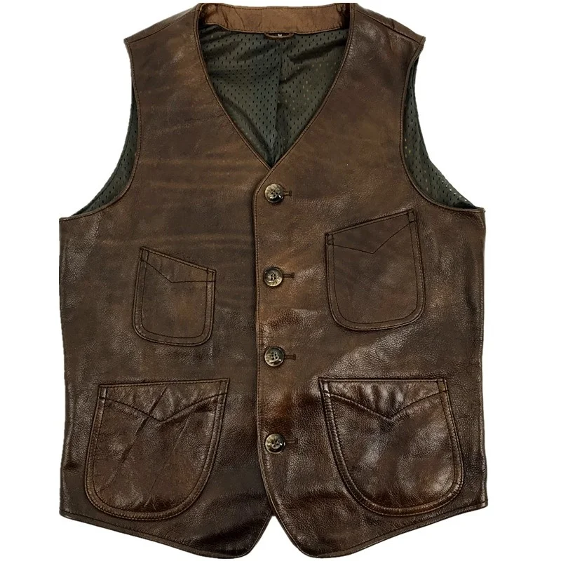 leather Free shipping,100% Genuine jacket,mens summer cowhide vest.brown vintage quality jackets,Oil wax leather slim vest