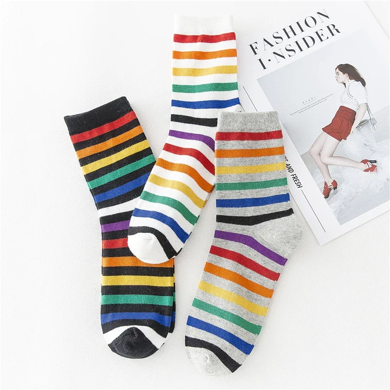 Harajuku Style Unisex Socks With Rainbow Stripes Hipster Skateboard Soft Mid-Tube Crew Dropship