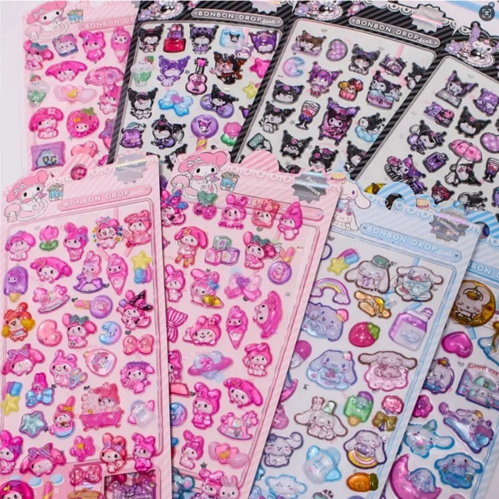 @8Pcs My Melody MelodyCrystal Sticker 3D Embossed Kawaii Kuromi Glowing Cute Cinnamon Roll Sticker Sticker Kids Decoration Pack