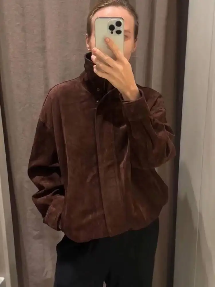 

Women Autumn Casual Loose Female Fashion High Collar Zipper Side Pocket Design Jackets Solid Street Style Coats