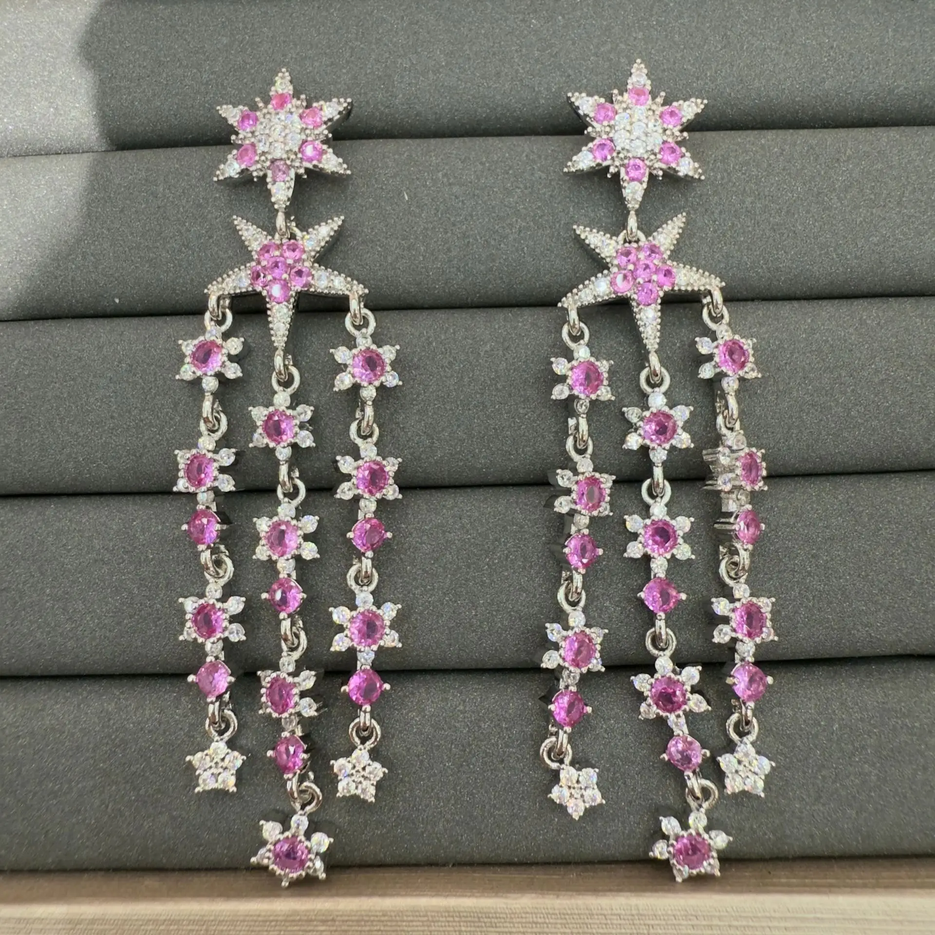 

shiny zircon earrings long tassel luxury jewelry fushia green white star pendant dangling earrings party gala event women gift