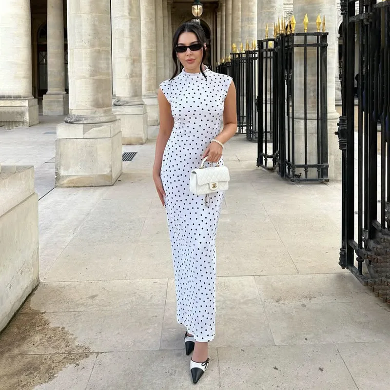 

SKMY Women Clothing French Classical Qipao Style Slim Fit Round Neck Sleeveless Dress Polka Dot Printed Party Long Dresses