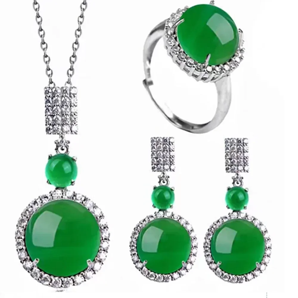 925 Silver Natural Fashion Jewelry Classic Luxury Round Green Earrings Women Diamond Ring Necklace Set