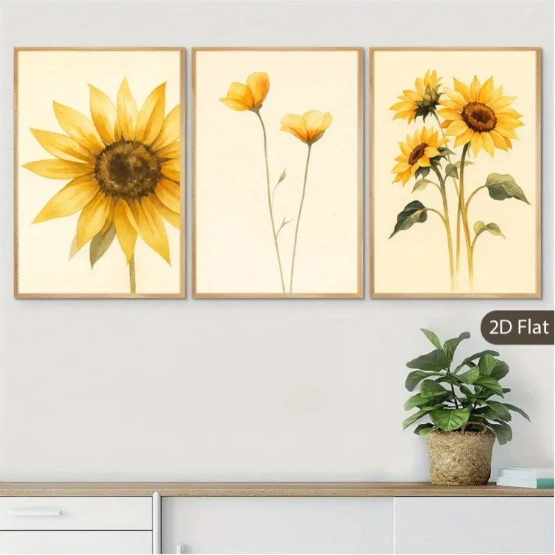 3 Stück ungerahmte Leinwanddrucke in Sonnengelb, botanische Illustrations-Wandkunst, naturinspirierte Wandkunst-Poster, Kunstwerke für die Frühjahrssaison, Retro-Wandkunst, moderne Wohnraumdekoration,