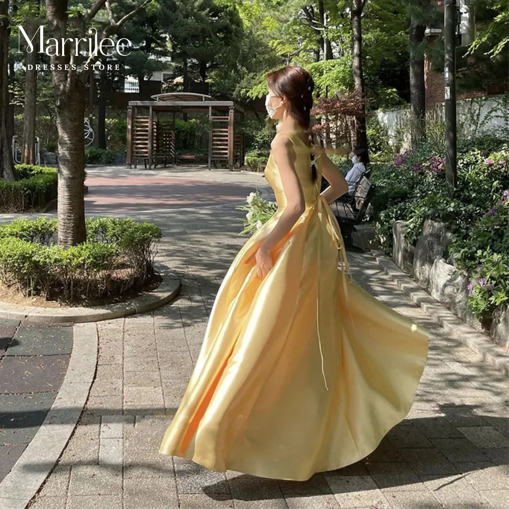 MarrileA Line Long Prom Party Scoop Neck Sleeveles Garden Wedding Bride Maids Dress Evening Dresses Gown Yellow Sweep Train 2024