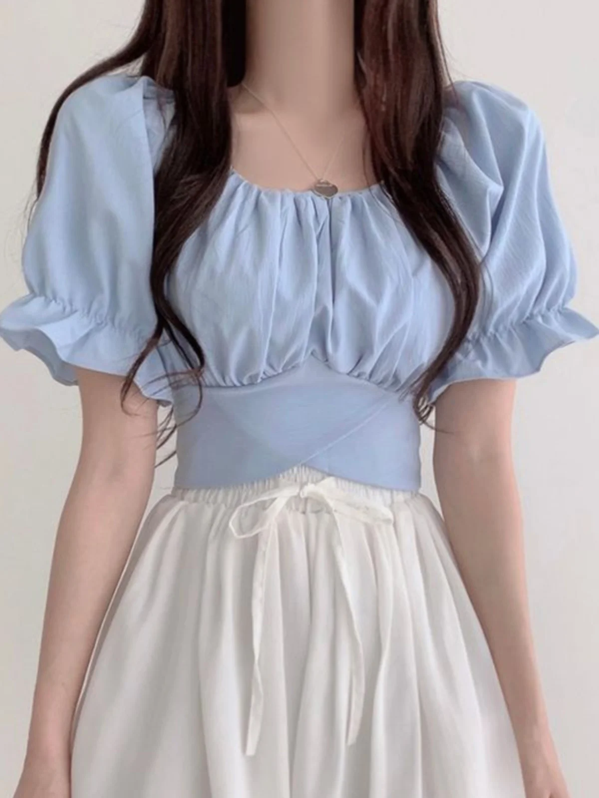 Zomer Vintage vierkante kraag taille cinched knoop Bubble Sve Top damesontwerp ort irt Koreaanse Sle hoge taille