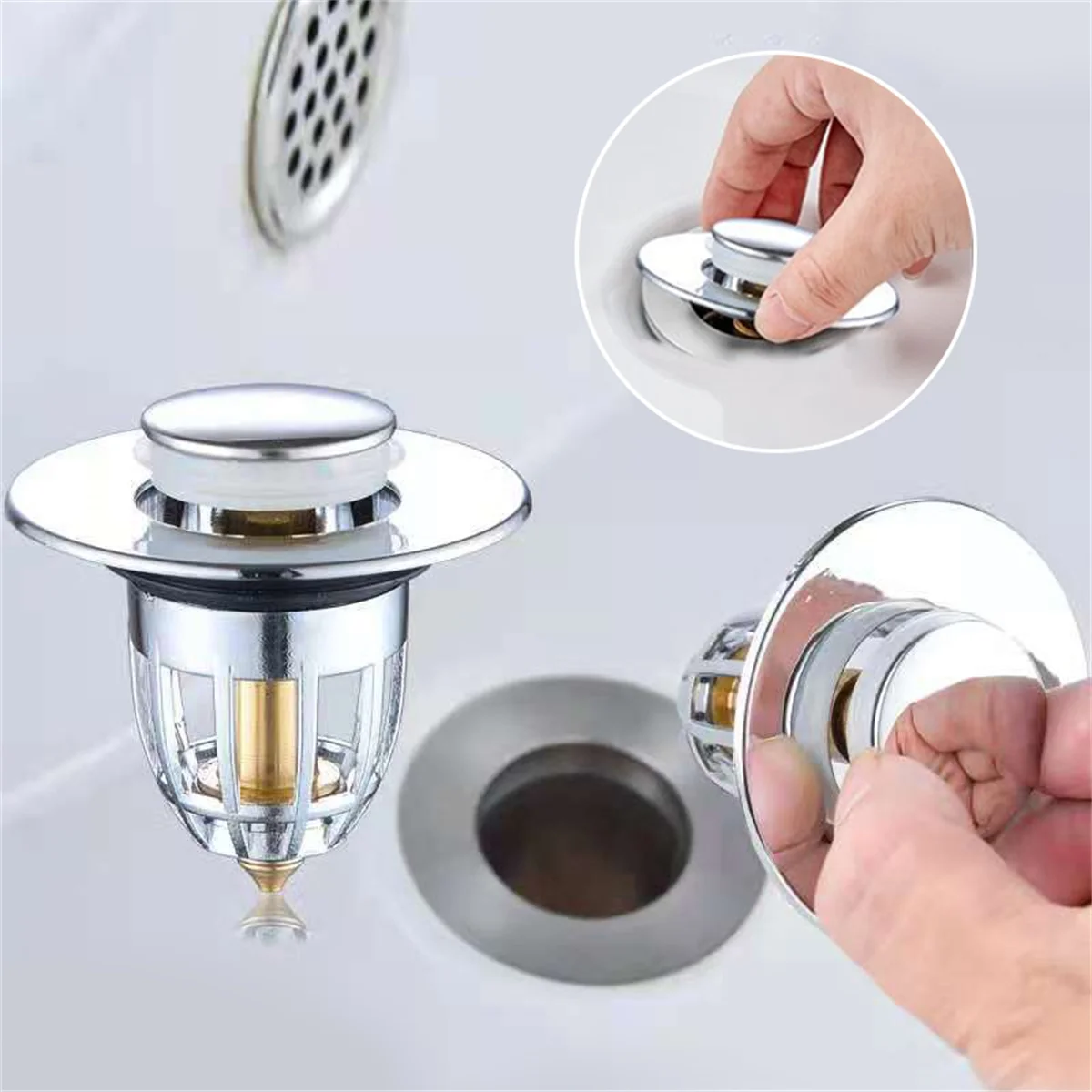 

Universal Rebound Drain Plug Filter Basin Pop-up Chrome Sink Filter with Hair Catcher Bathroom Sink Drain Stopper Easy Push Type