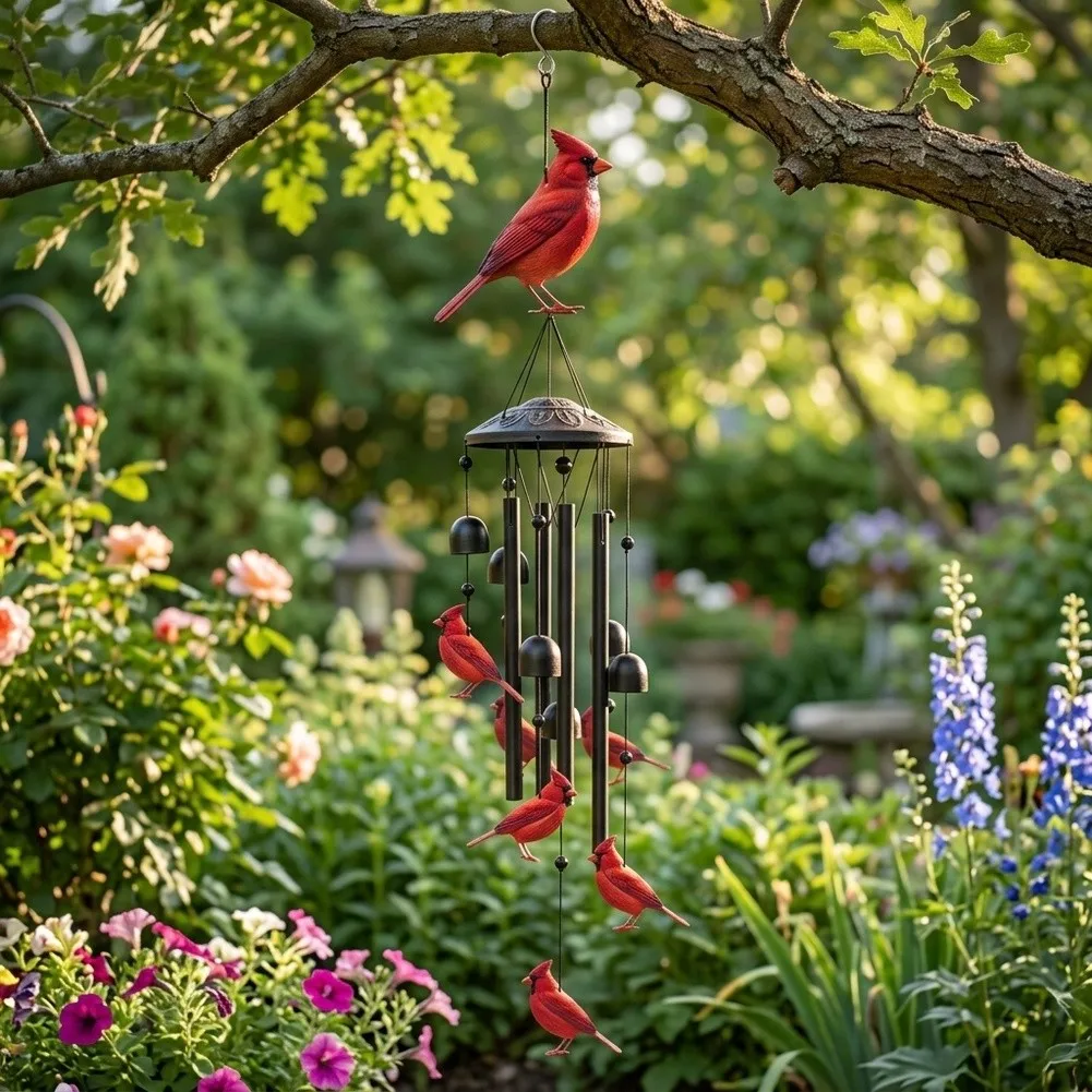 Wind Chime with Red Bird Silhouette on Metal Frame for Outdoor Garden Decoration Soothing Sound 85.6 cm Length