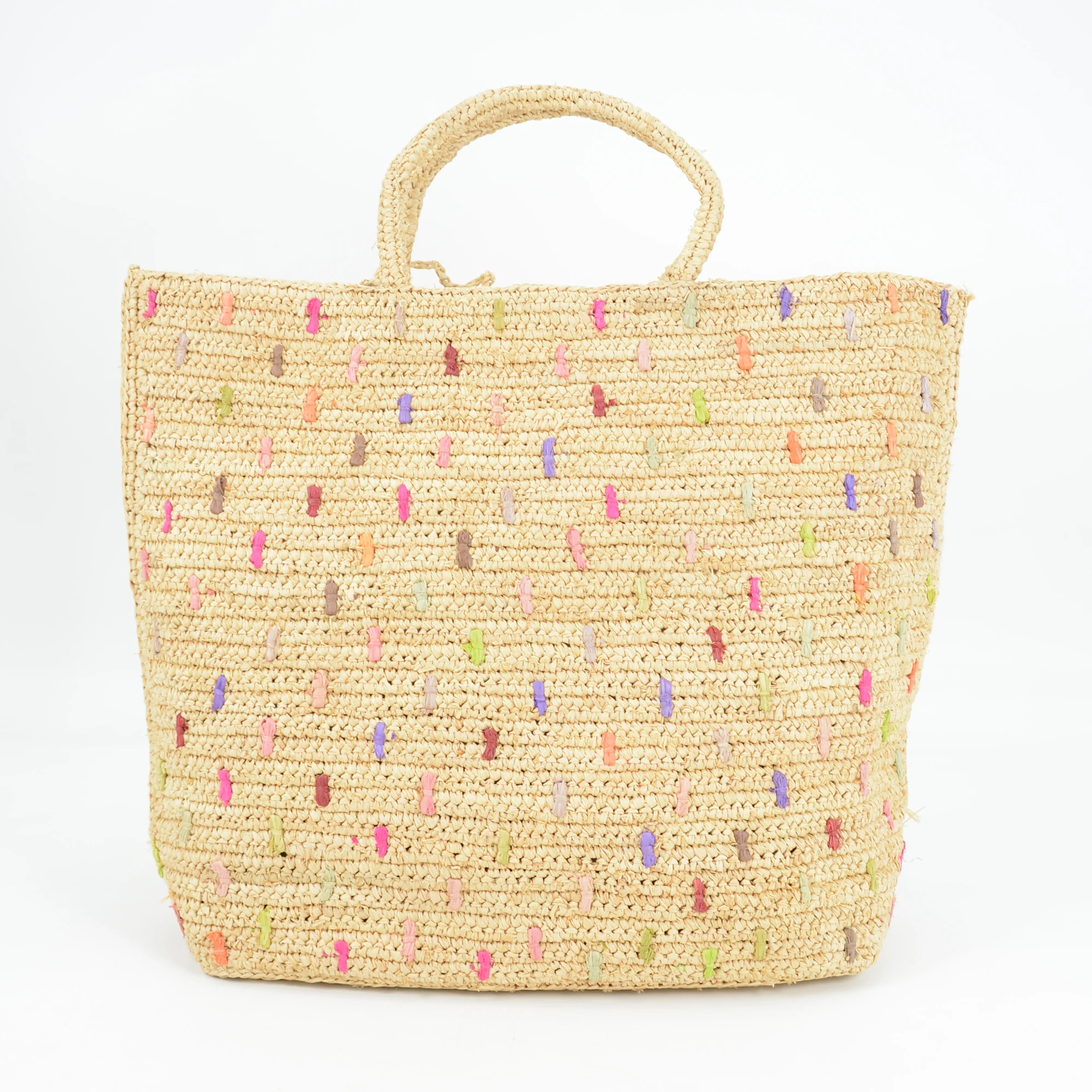 Crocheted Natural Raffia Tote with Colorful Dots Trimmings