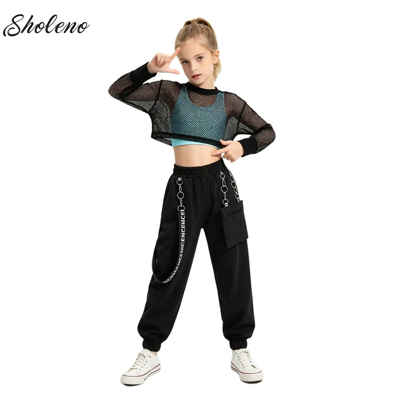 

Children Girls Hip Hop Jazz Street Dance Costume Long Sleeve Mesh Crop Top with Vest and Chain Pants Performance Dancewear Set