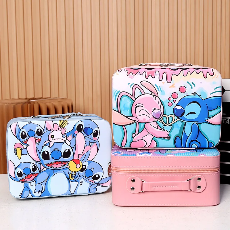 Disney Stitch Portable Cosmetic Case Anime Lilo & Stitch Jewelry Storage Box with Mirror for Women Multifunctional Cosmetic Bag