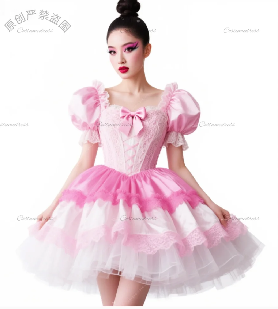 

Сексуальное розовое платье-костюм с пышными рукавами, многоярусное кружевное короткое платье для выпускного вечера 2026, элегантное коктейльное платье с оборками, наряд для торжественного мероприятия или выпускного вечера