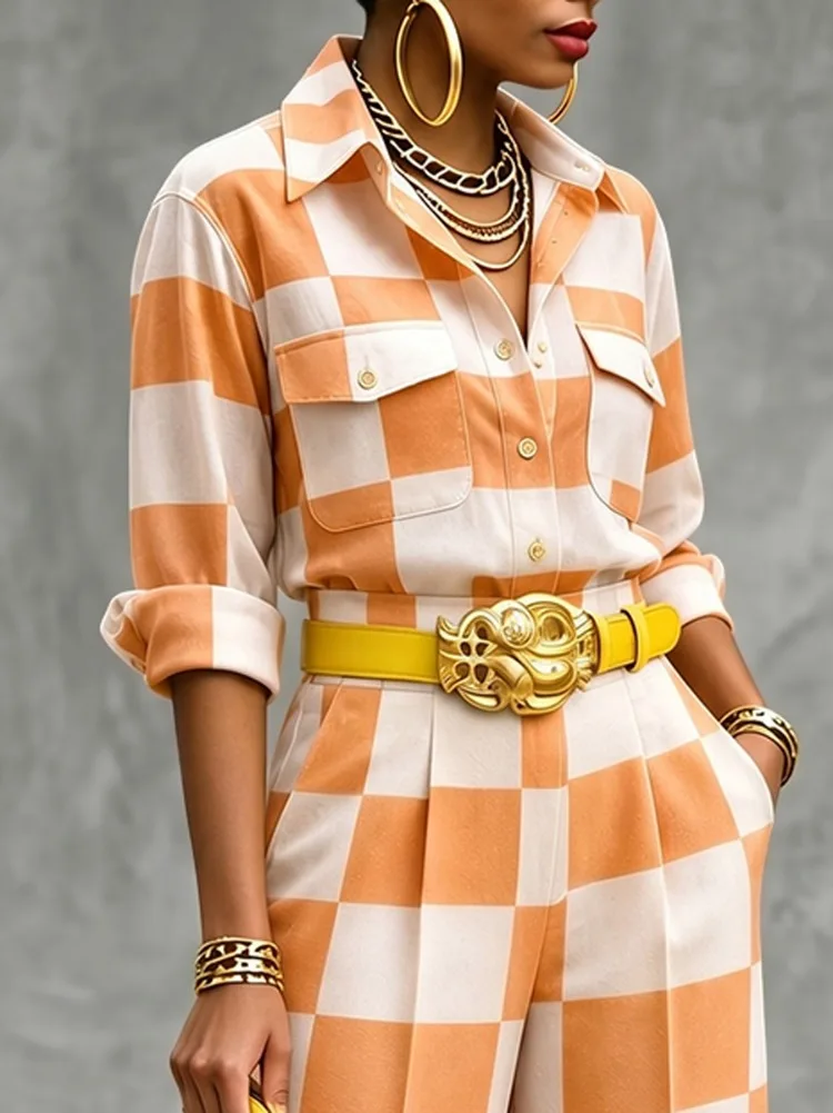 Yeezzi Women Fashion Orange White Plaid Lapel Blouses 2026 New Long Sleeves Loose Pockets Casual Office Shirts Tops For Ladies