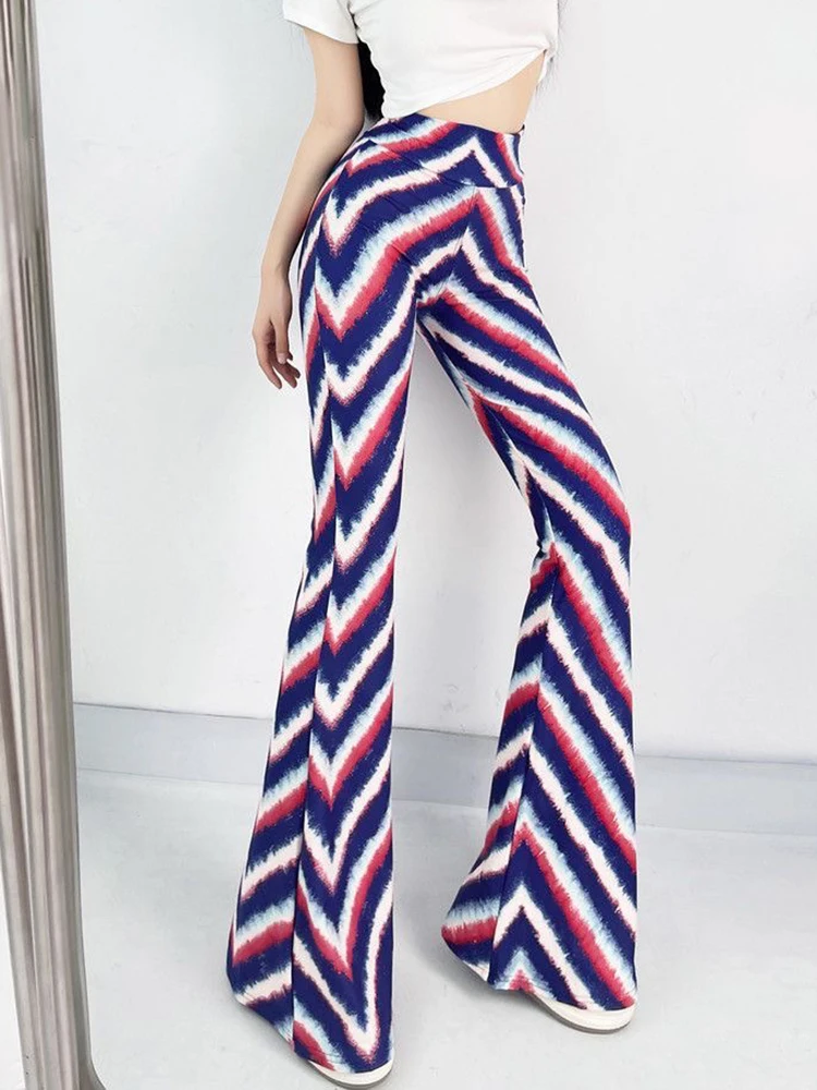 Sexy High Waist Striped Flare Pants Women Streetwear Print Tie Dye Slim Pantalones Vintage Lenggings Spodnie Aesthetic Trousers