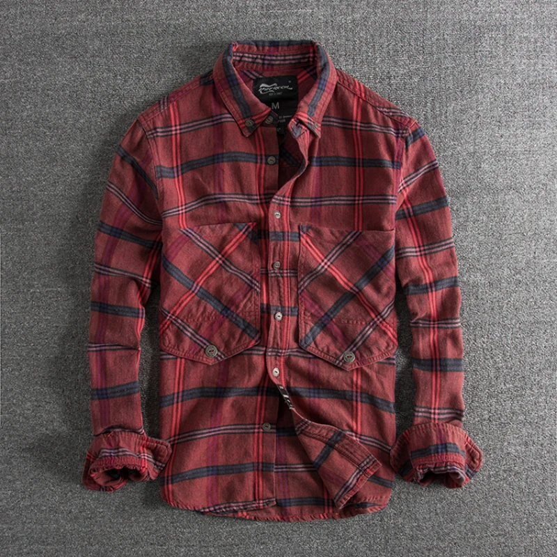 Personality big pocket decoration wash do old trend European and n men plaid long-sleeved shirt