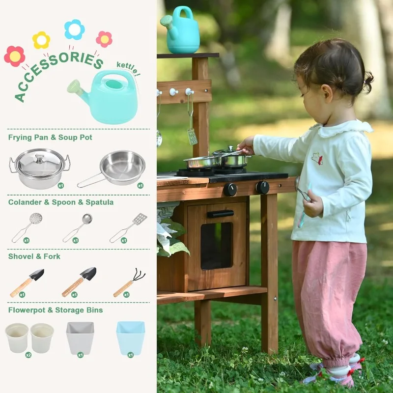 Dapur Lumpur untuk Anak-Anak di Luar Ruangan, Dapur Mainan Kayu dengan Wastafel yang Dapat Dilepas, Keran, Rak Penyimpanan, Taman Belakang Rumah untuk Balita