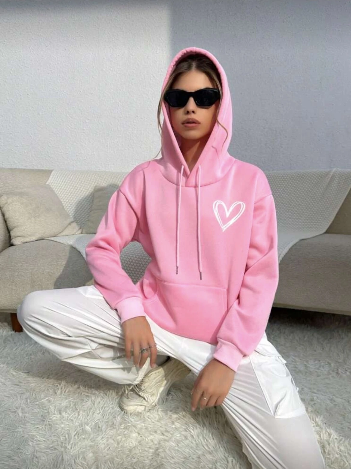 Loose Casual Heart Print Hoodie Women's Comfortable Oversize Sweatirt Spring Faion Ladies' Single Piece Hat Design