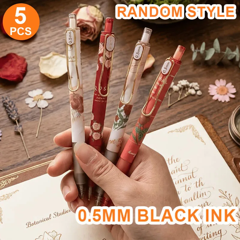 5pcs Pink Rose Neutral Pen, random style, 0.5mm black ink, Neutral Pen, Classroom reward, Festival Gifts, Student Stationery