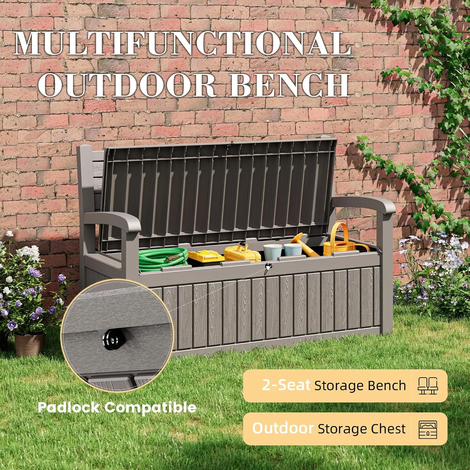 80 Gallon Lockable Deck Bench with Storage, Resin Stripes Outdoor Storage Box for Cushions Garden Tools and Pool Supplies Grey view 4