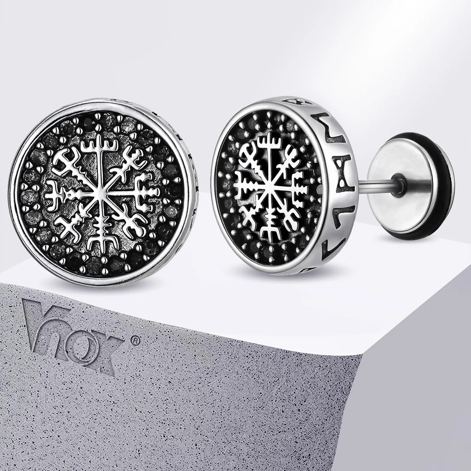 Vnox Viking Compass Zircon Stud Earrings, Copper Metal White Gold Plated Spiral Ear Post, Simple Jewelry Gift for Men Boys Him