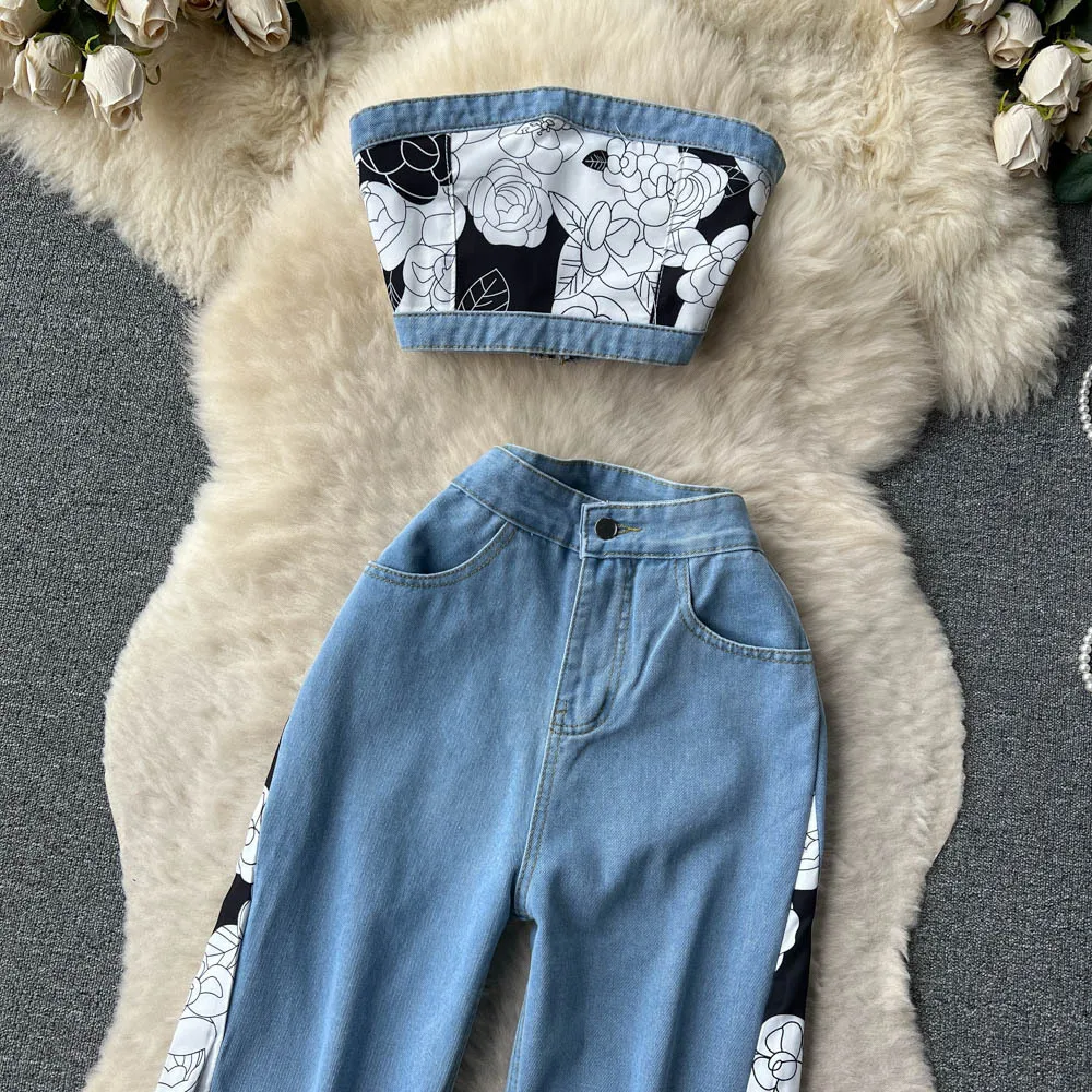 Women Hotsweet Two Pieces Denim Suits Strapless Mini Zipper Top+Wide Legs Long Pants Painting Fashion Y2K Sexy Home Sets New