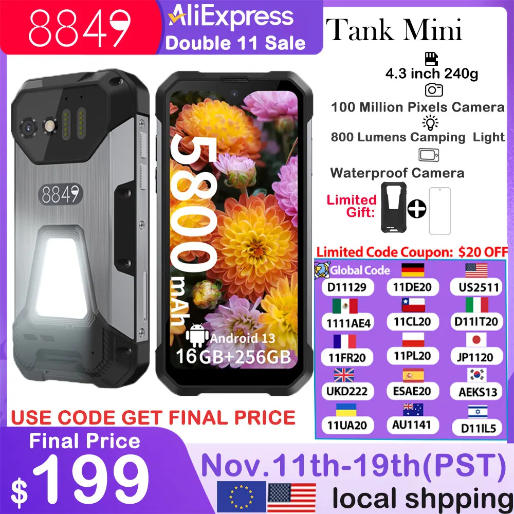 اسبانيا مستودع 8849 Tank Mini Unihertz الهواتف الذكية الوعرة 4.3 "عرض أندرويد 13 Helio G99 24GB 256GB 100MP كاميرات 5800mAh #1