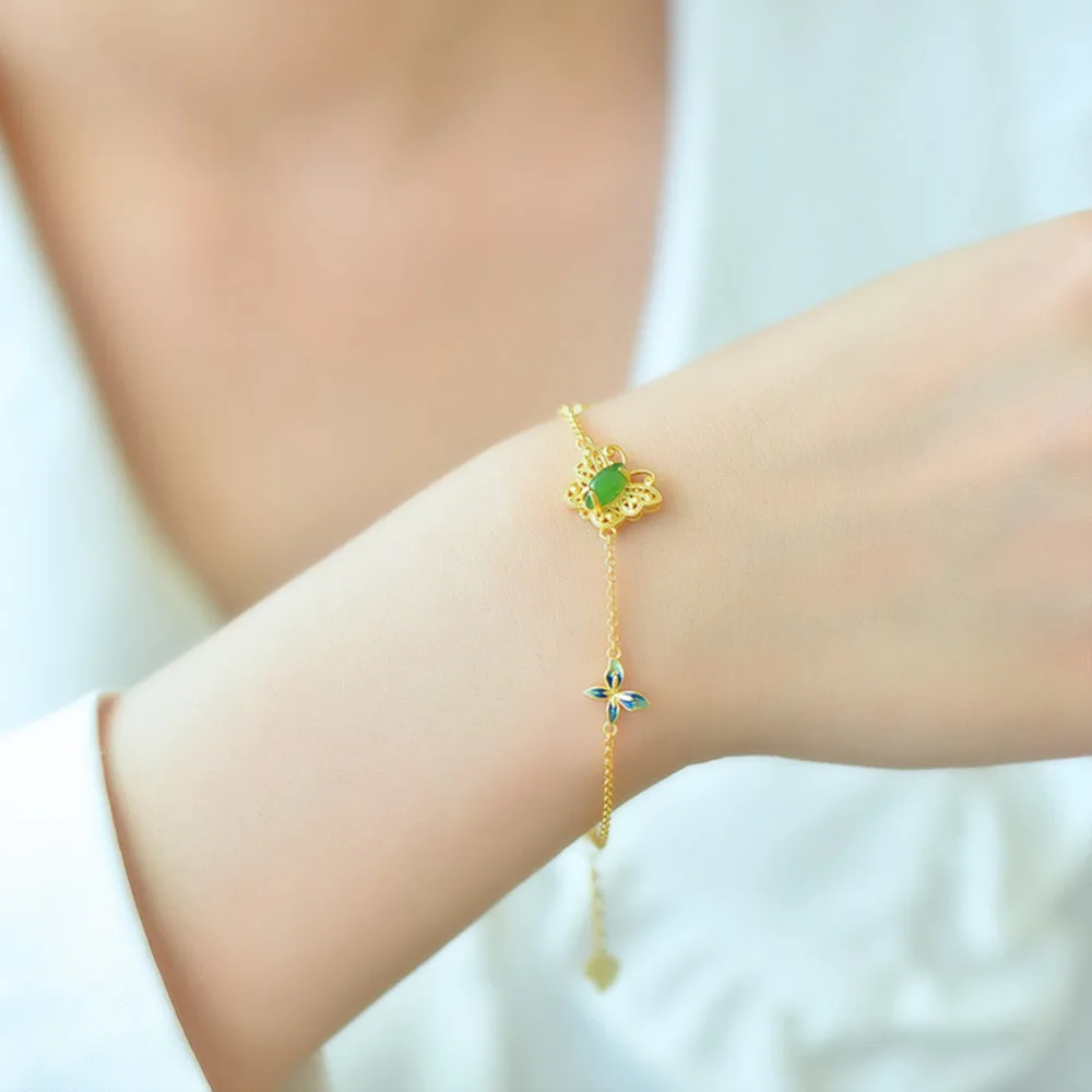 

GL Gold-Plated Butterfly Handmade Jade Bracelet with Hetian Nephrite, Unique Ancient Style Enamel Silver Bracelet - Ideal Gift