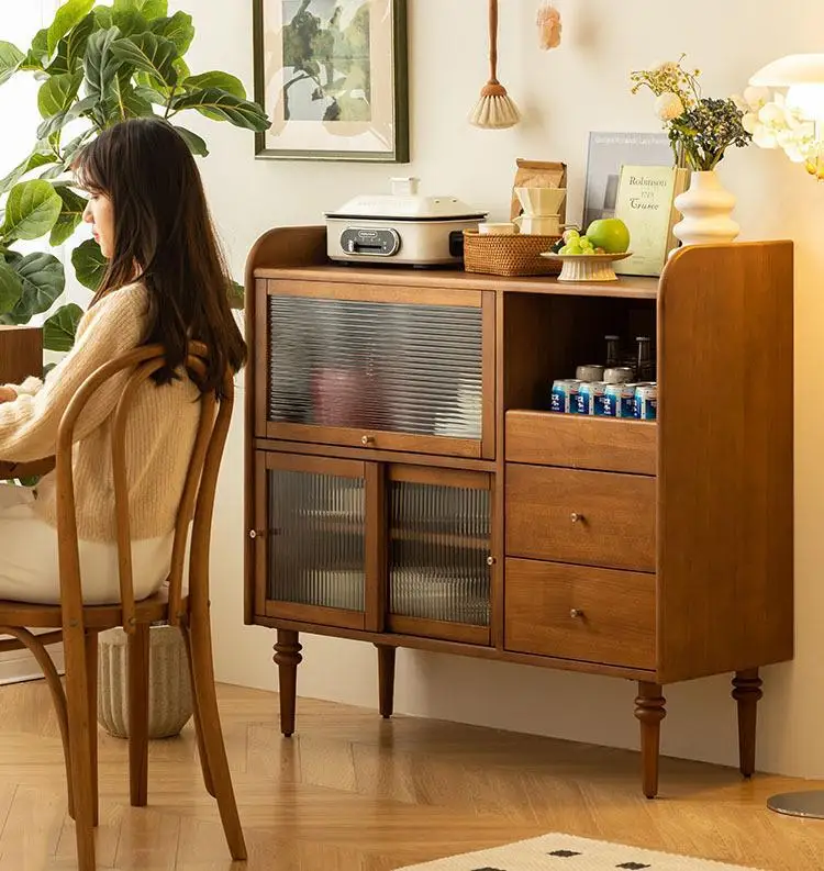 

Nordic solid wood dining side cabinet household living room glass multi-functional tea cabinet kitchen retro bowl storage locker