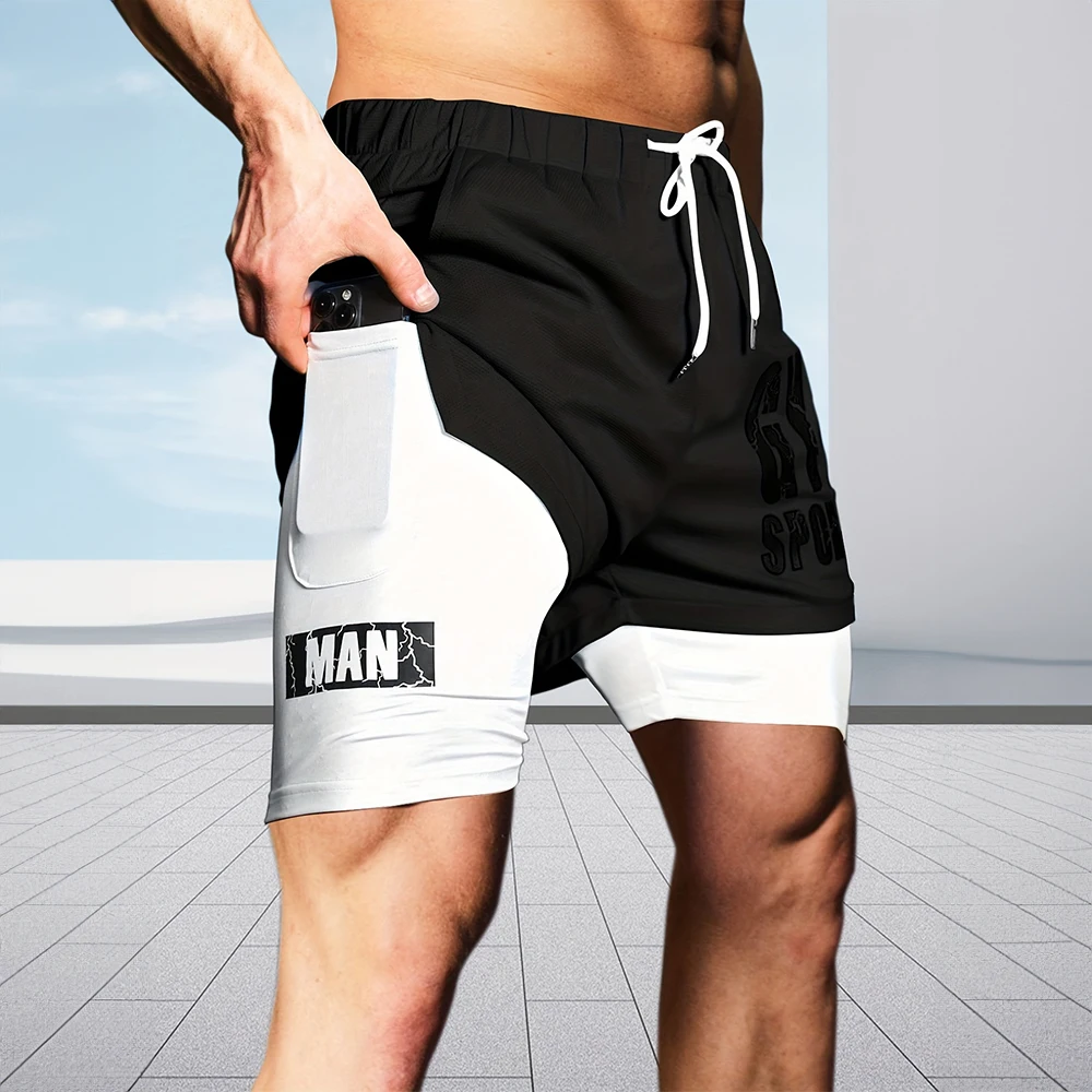 Pantalones cortos para correr para hombre, Shorts de compresión de secado rápido, 2 en 1, estampados, para correr al aire libre, entrenamiento,