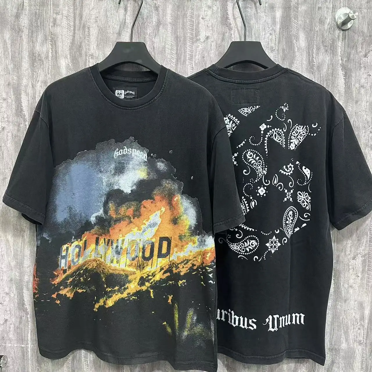 Godspeed American Trendy Brand Mountain Fire Print High Quality Heavy Washed Vintage Loose Summer Pure Cotton Short Sleeve T-...