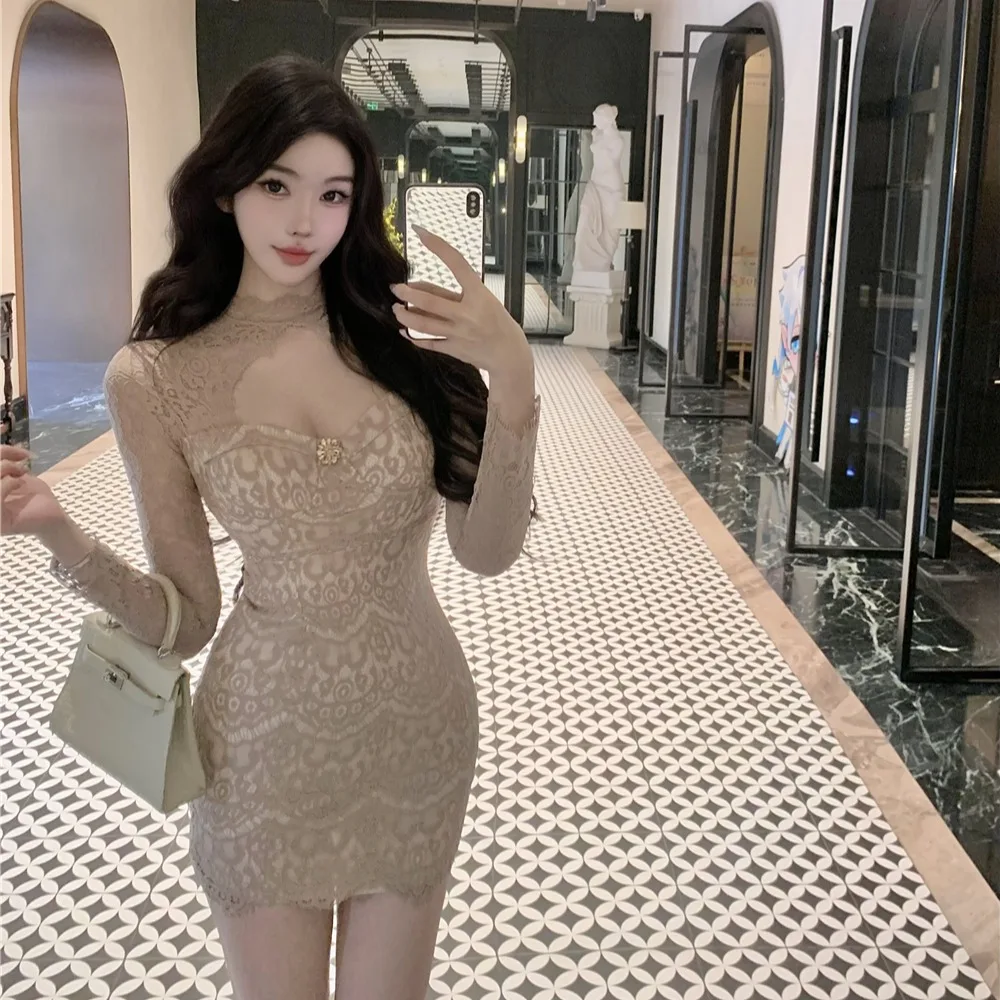 Czysta Pożądanie Pikantna Dziewczyna Koronkowa Ażurowa Długa Sukienka Damska Moda Wysoki Stan Krótka Spódnica Jesień Zima Nowa Dopasowana Sukienka D...