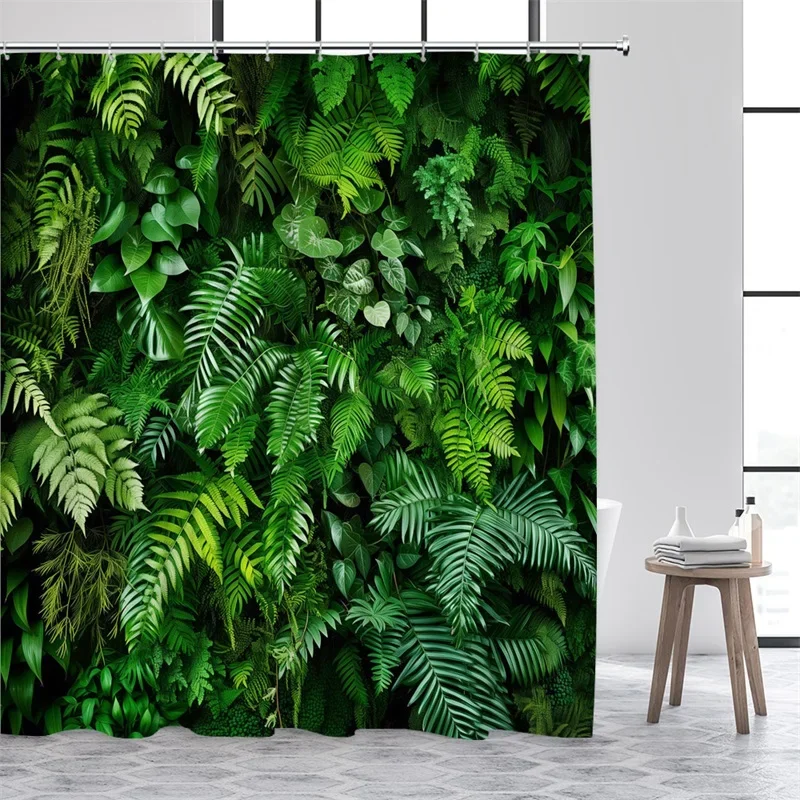 Green Leaves Shower Curtains Tropical Leaf Garden Vine Plant Wall Hanging Fabric Home Bathroom Decor Bath Curtain Set with Hooks