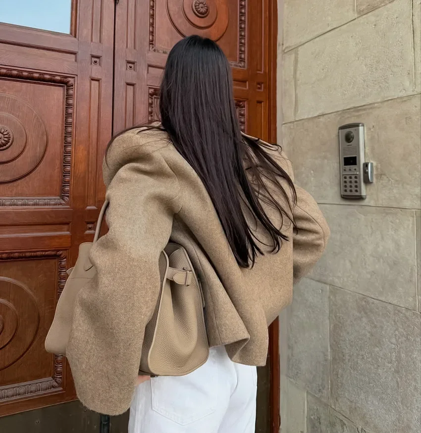 2025 Autumn Commute Jacket Women's Grey Blen Blazer Coat Lapel Long Sleeve Fashion Loose Outerwear Winter Street Solid